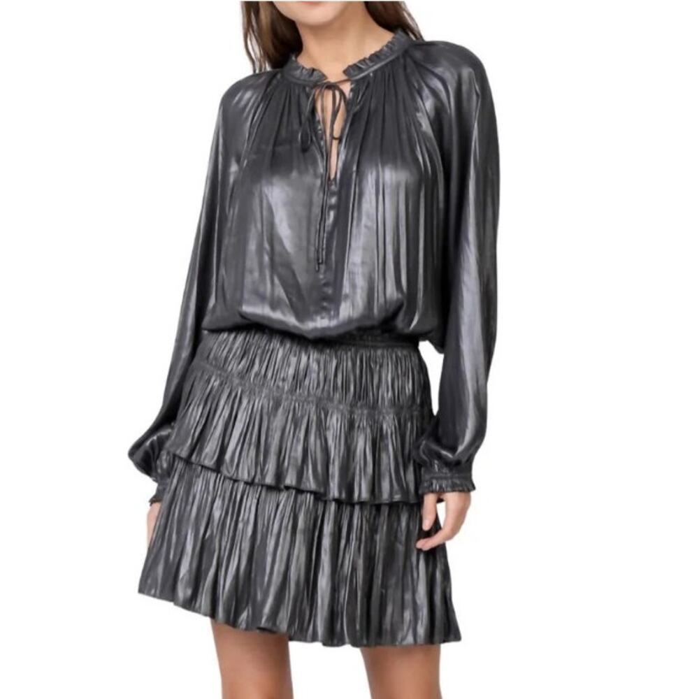 CURRENT AIR Metallic Drop Waist Pleated Mini Dress in Gunmetal Grey Medium
